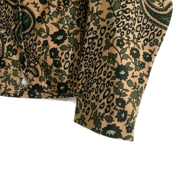 Vintage Tan Green Black Cropped Long Sleeve Top Paisley Leopard Print Size Large - Picture 4 of 7